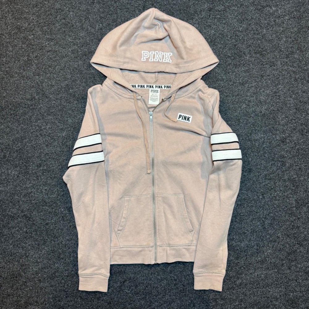 Victoria's Secret PINK Full Zip Hoodie Tan Beige Varsity Stripe XS